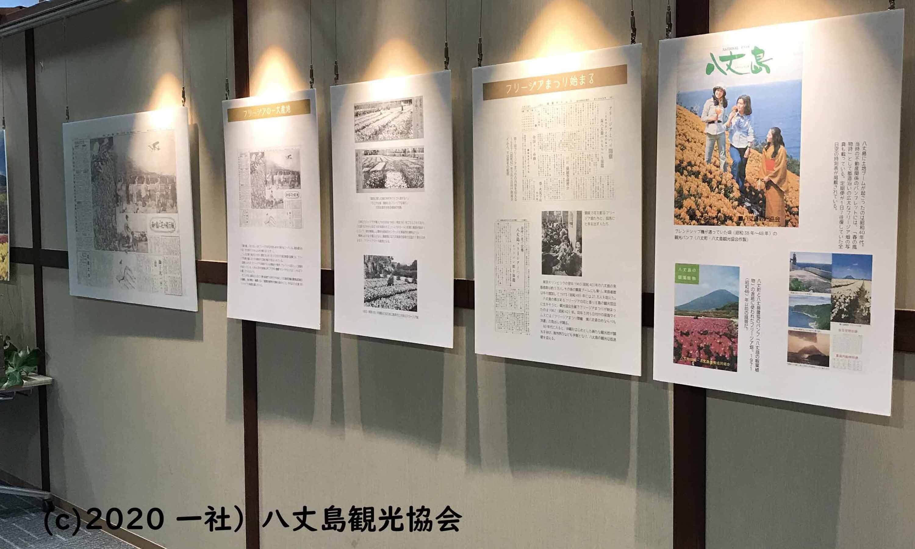 A wall with multiple informational posters, each containing text and images, likely detailing local attractions or historical information.