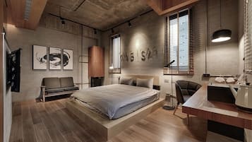 Minibar, decoración personalizada y escritorio