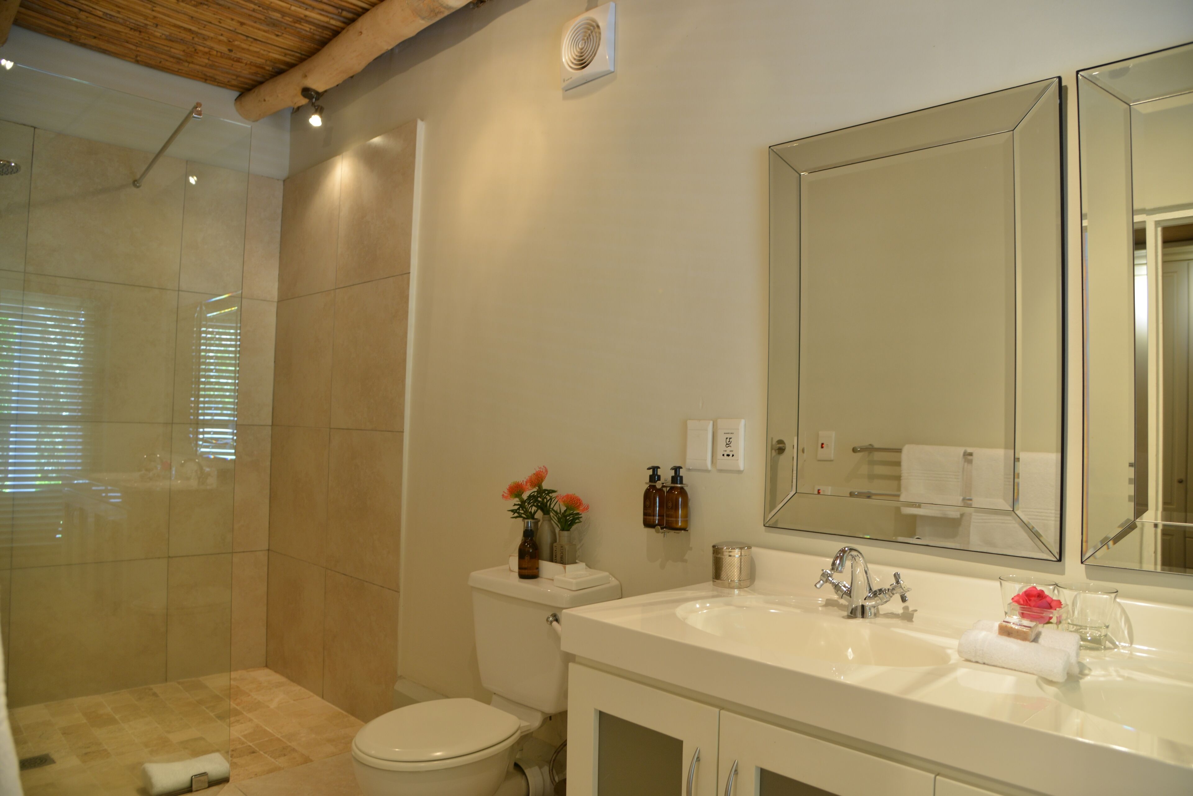 Une salle de bain moderne équipée d’une douche, de toilettes et d’un lavabo.