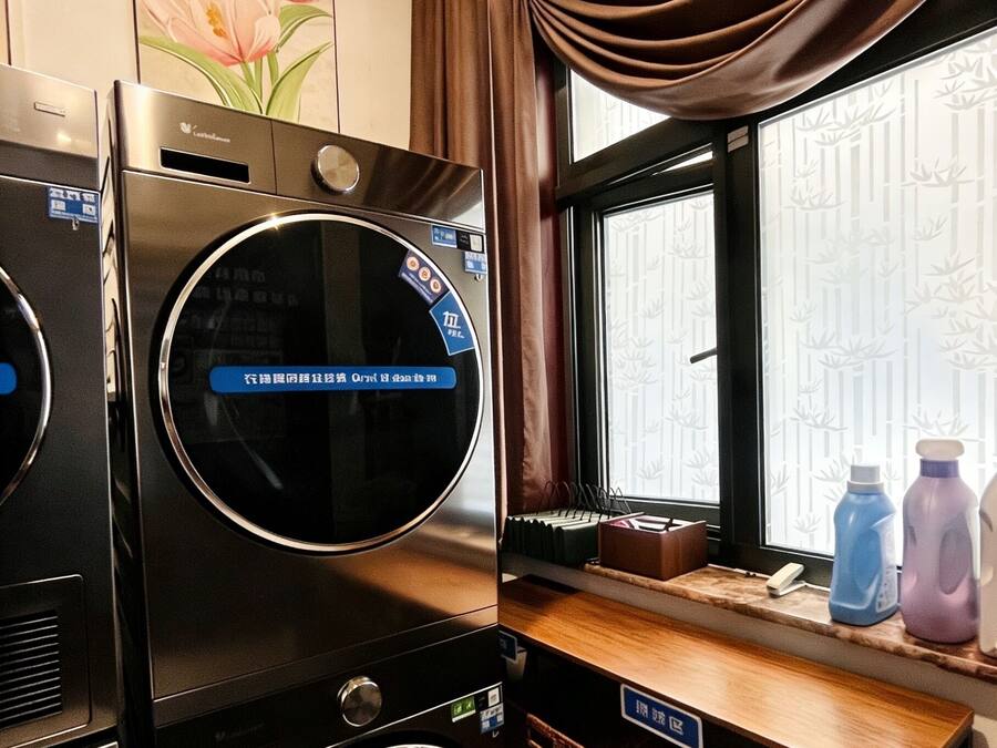 Un área de lavandería con lavadoras apiladas, una ventana con cortinas de diseño bambú y un estante con productos de limpieza.