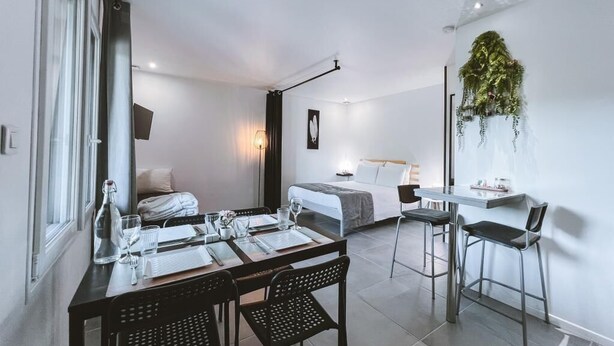 A modern hotel room with a dining area, a bed, and a hanging plant. - Studio Wood Nature & Confort 3* Wifi+Parking (Laveyron)