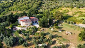 An aerial view of a property with a main building, a fenced yard, and surrounding vegetation. - Super-modern studio on the hills of Florence, Tuscany  (BAGNO A RIPOLI)