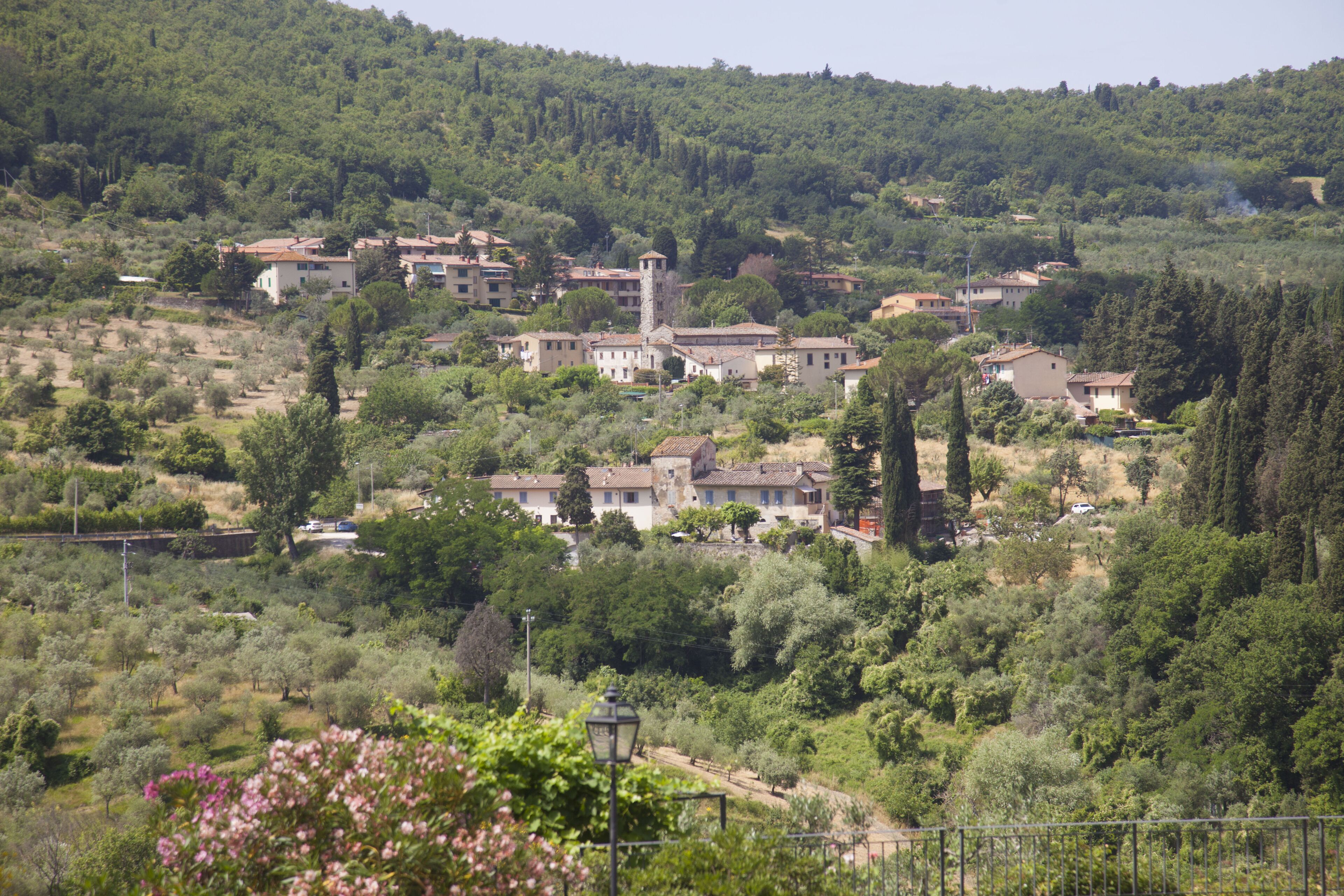 A hillside village with traditional buildings, a prominent tower, and lush greenery.