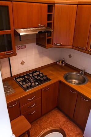 Full-size fridge, microwave, oven, stovetop