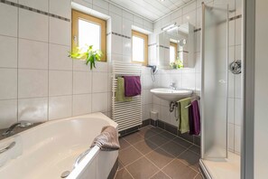 Shower, hair dryer, towels