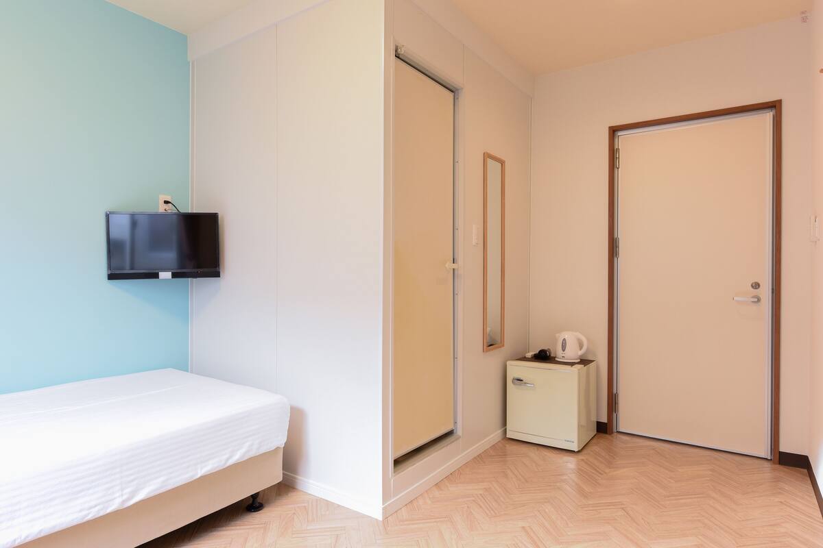 A room with a bed, a television, a small cabinet, and a door.