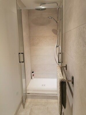 Hair dryer, towels, soap, toilet paper