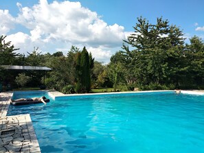 A swimming pool with clear blue water, surrounded by lush greenery and trees. - Quinta da Telheira (Vila Real)