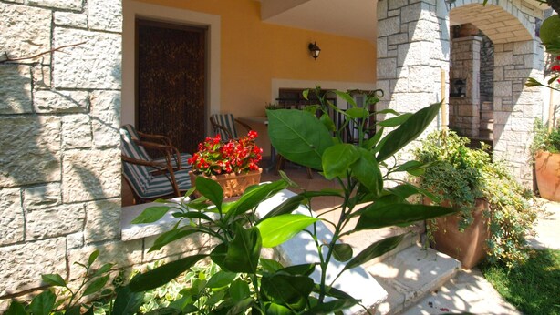 A stone building with a yellow wall and a wooden door. There are chairs and a table outside, and a potted plant in the foreground.