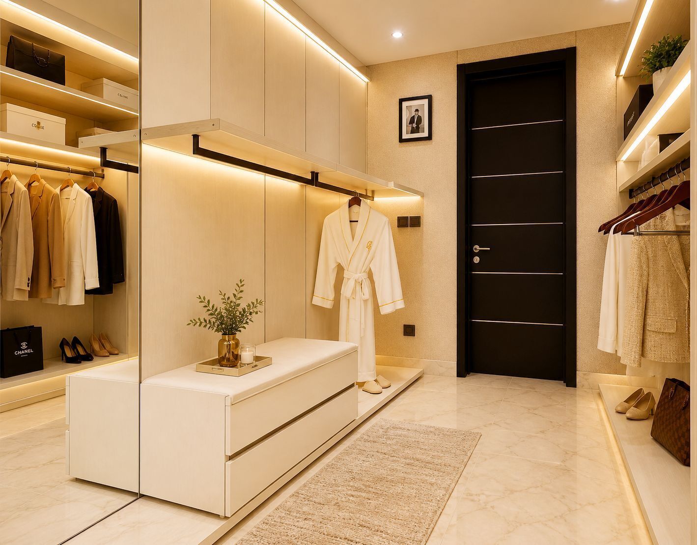 A modern walk-in closet with organized shelves, a bench, and a door.