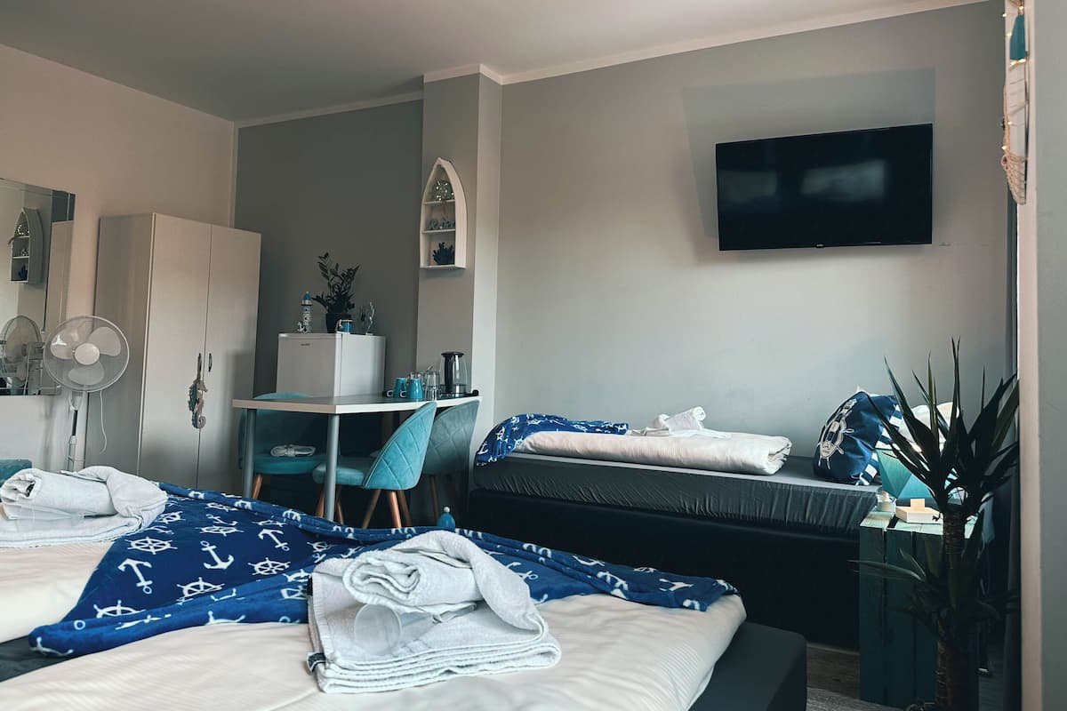 Une chambre d’hôtel avec un lit, un bureau, une chaise, une télévision et une plante.