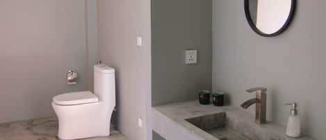 A bathroom with a toilet, sink, and mirror.