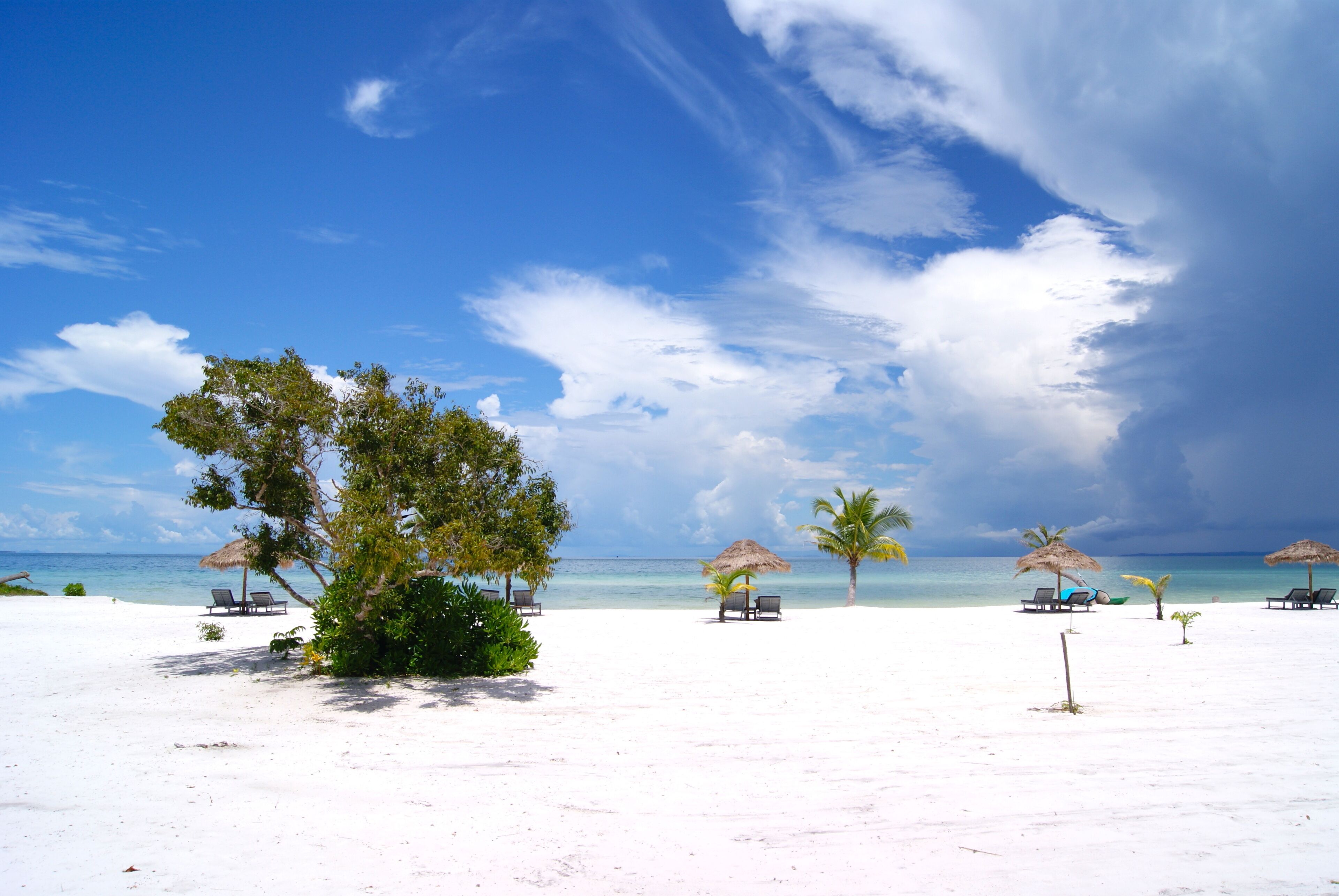 Una playa de arena blanca, palmeras y sombrillas de paja.