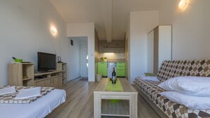 A compact living space with a bed, a sofa, a small dining table, a TV, and a kitchenette in the background. - Apartments Milan (Crikvenica)
