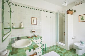 Een douche, een haardroger, een bidet, handdoeken