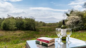 Ein Tisch mit einer Weinflasche und Gläsern, ein Buch mit dem Titel "Three Cups of Tea" und Blick auf eine gebirgige Landschaft.