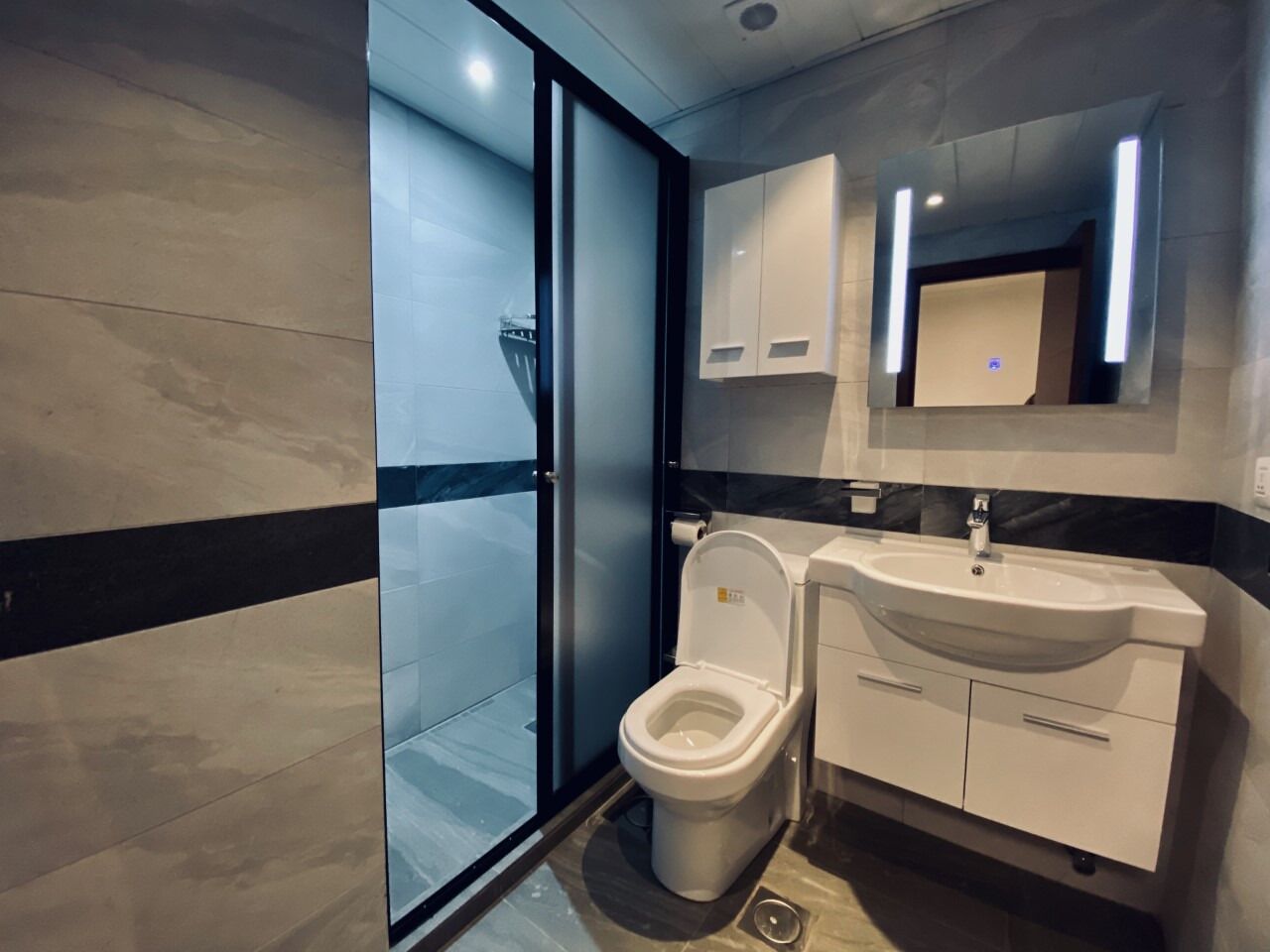 A modern bathroom with a glass-enclosed shower, a white toilet, and a sink with a mirror above it.