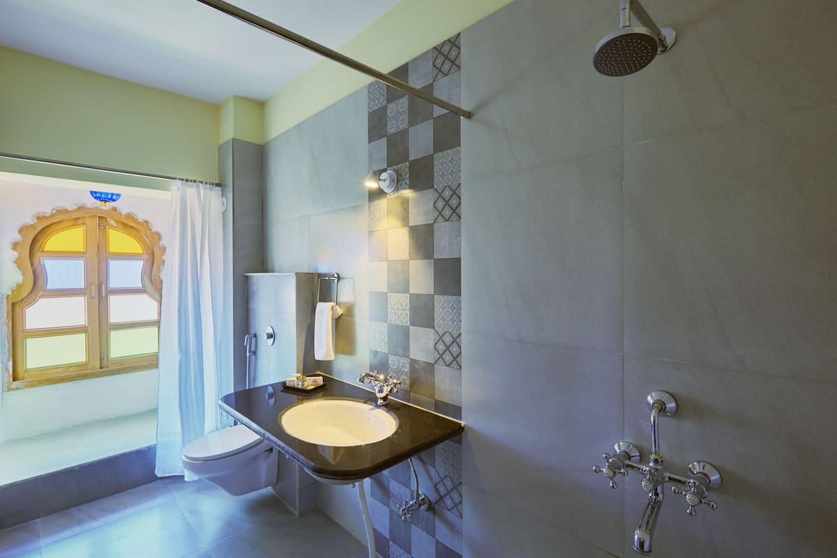 Shower, slippers, towels