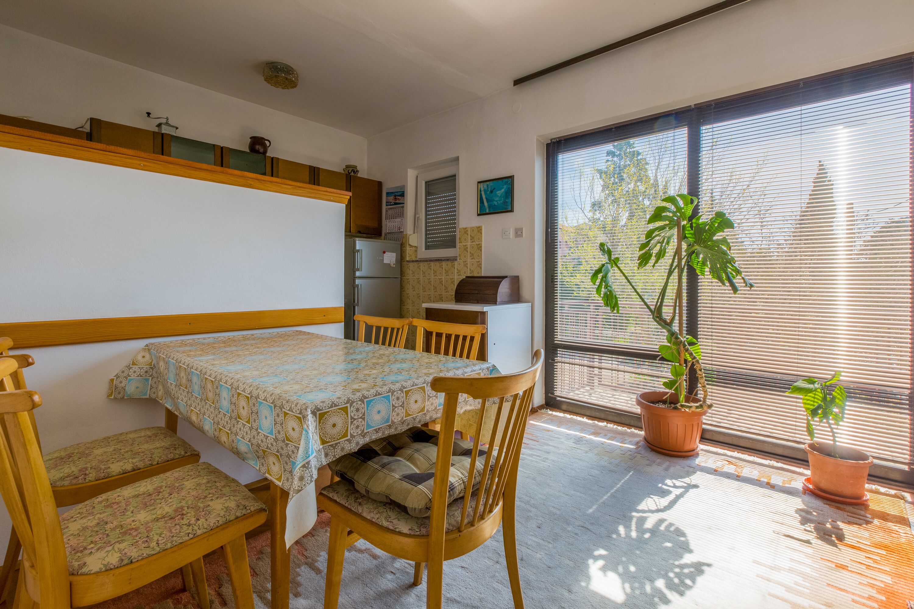 A dining area with a table and chairs, a window with blinds, and potted plants.