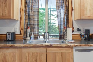 A kitchen with wooden cabinets, a double sink, a toaster, a soap dispenser, and a dish rack. - Bear Hideaway (Packwood)