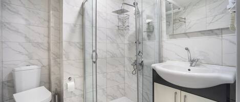 A modern bathroom with a glass-enclosed shower, a white toilet, and a sink with a mirror above it.