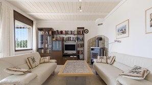 A living room with two sofas, a coffee table, a fireplace, a television, and a bookshelf.