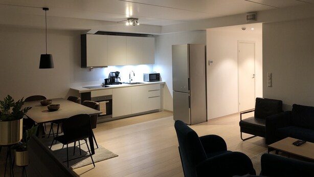 A modern kitchen with white cabinets, a black countertop, and a stainless steel refrigerator. There is a dining area with a table and chairs, and a dark-colored sofa in the living room. - The Meridian (Tromsø)
