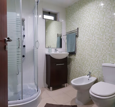 Shower, hair dryer, bidet, towels. O Ninho Guest House