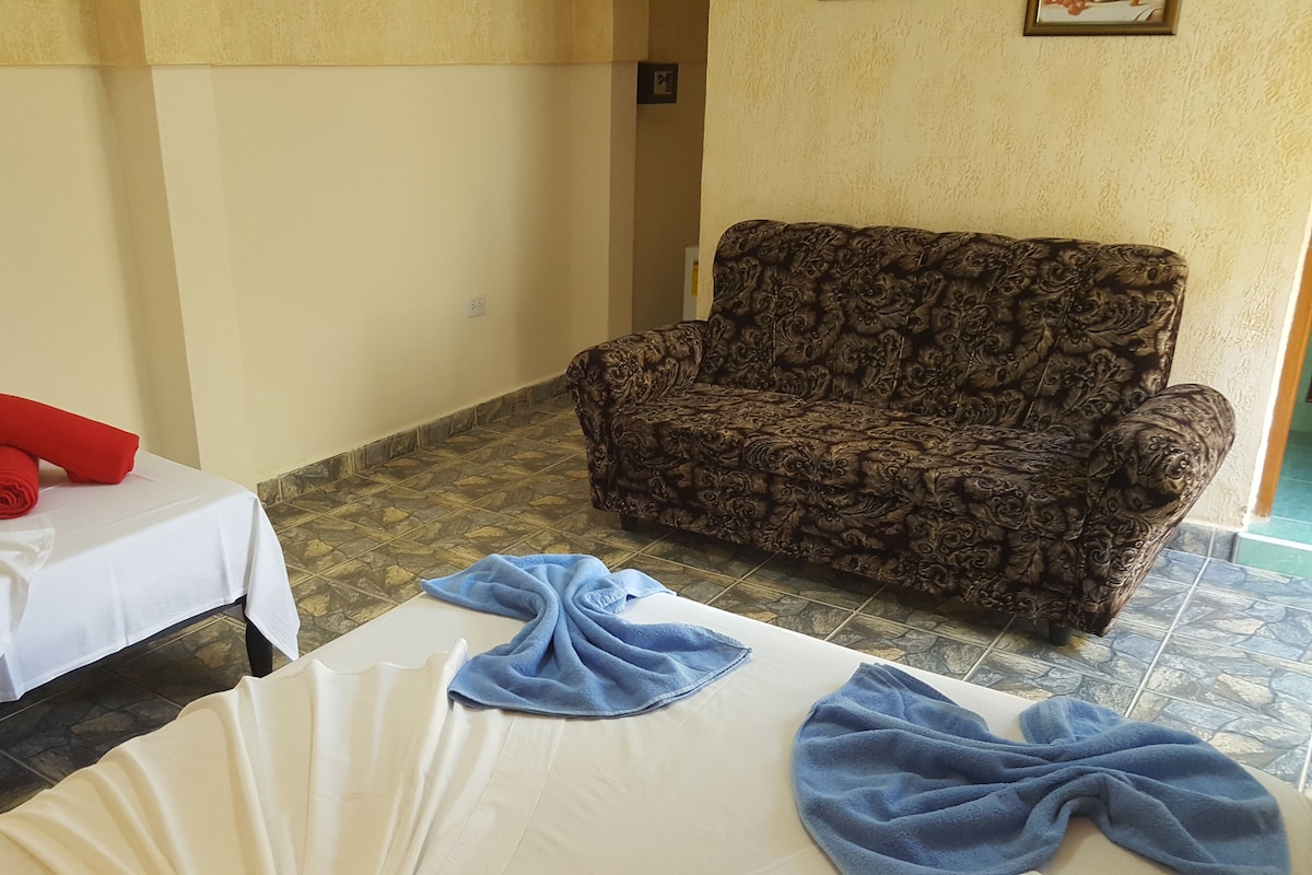 Une chambre d’hôtel avec un lit, un canapé et une salle de bain.