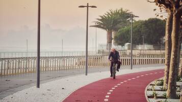 A person riding a bicycle on a red pathway beside a waterfront.