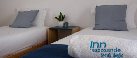 Habitación de hotel con dos camas, cada una con un cojín y una mesita con una planta.