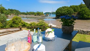 Ein Tisch im Freien mit Blick auf einen Strand und Boote, mit Kuchen, Getränken und einem Blumentopf.