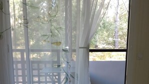 A room with a chair, a small table with a plant, and a view through a window with sheer curtains. - Duplex studio 2 steps from Carcans-Maubuisson lake (Carcans)