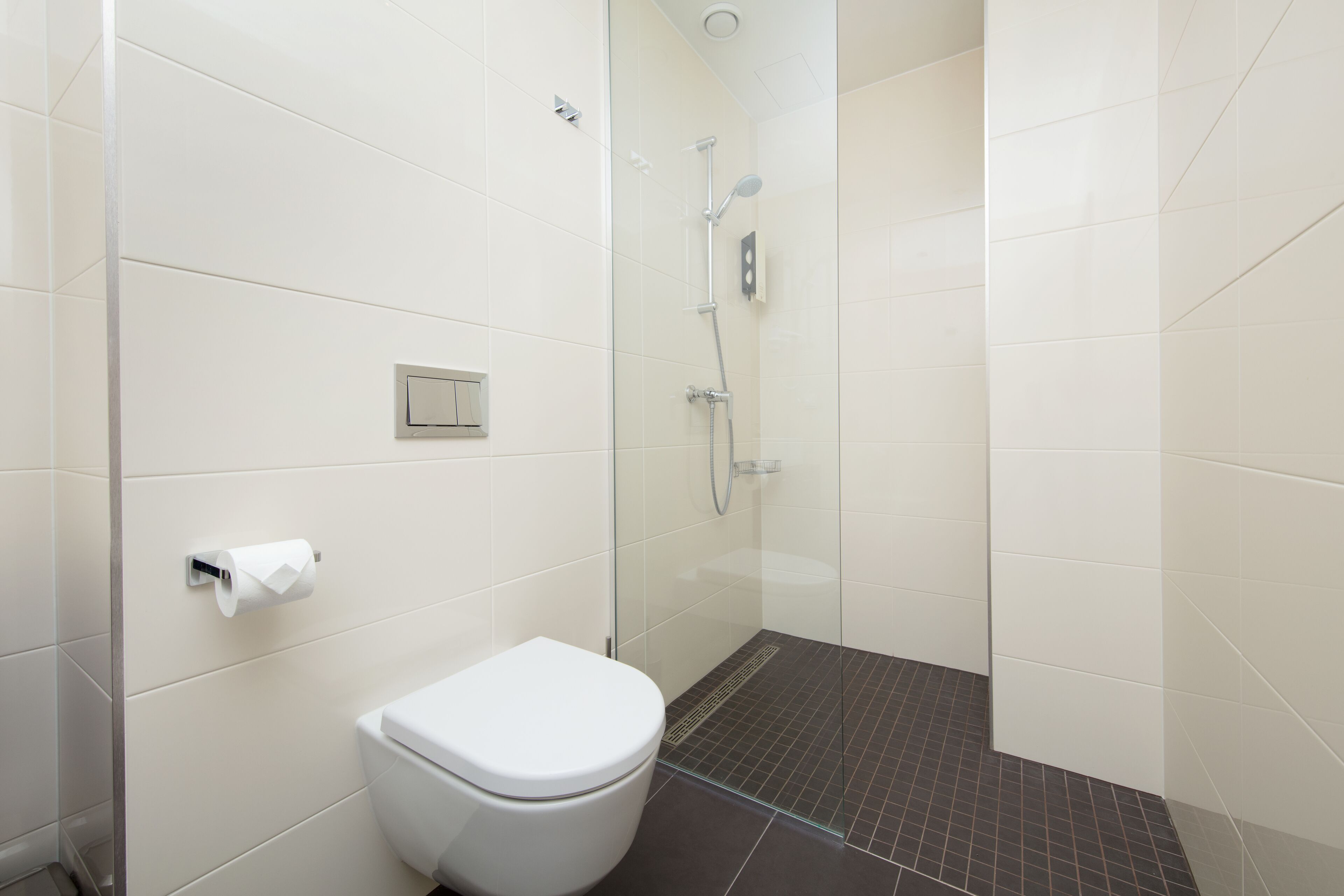 Une salle de bain comprenant des toilettes, une douche et un espace douche délimité par des parois en verre.