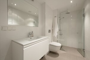 Hair dryer, slippers, towels, soap