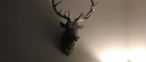 A room with a mounted deer head on the wall, a radiator, a lamp on a small table, and a shadow of a deer on the ceiling.