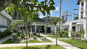 A well-maintained courtyard with a central pathway, surrounded by cacti and palm trees, leading to a building with large windows and a covered outdoor seating area. - Pearl of Samui Resort (Koh Samui)