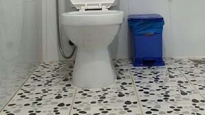 A bathroom with a toilet, a shower, a sink, and a blue trash bin.