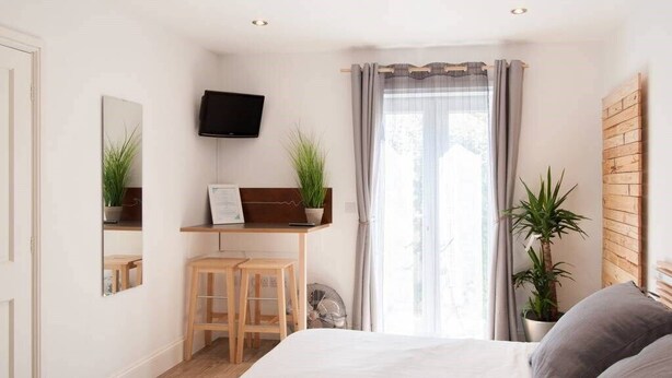 A bedroom with a bed, a desk, two chairs, a TV, and two potted plants. - Thistledene (Braunton)