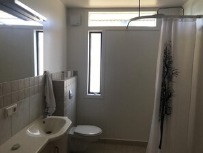 Ducha, secador de pelo, toallas, jabón