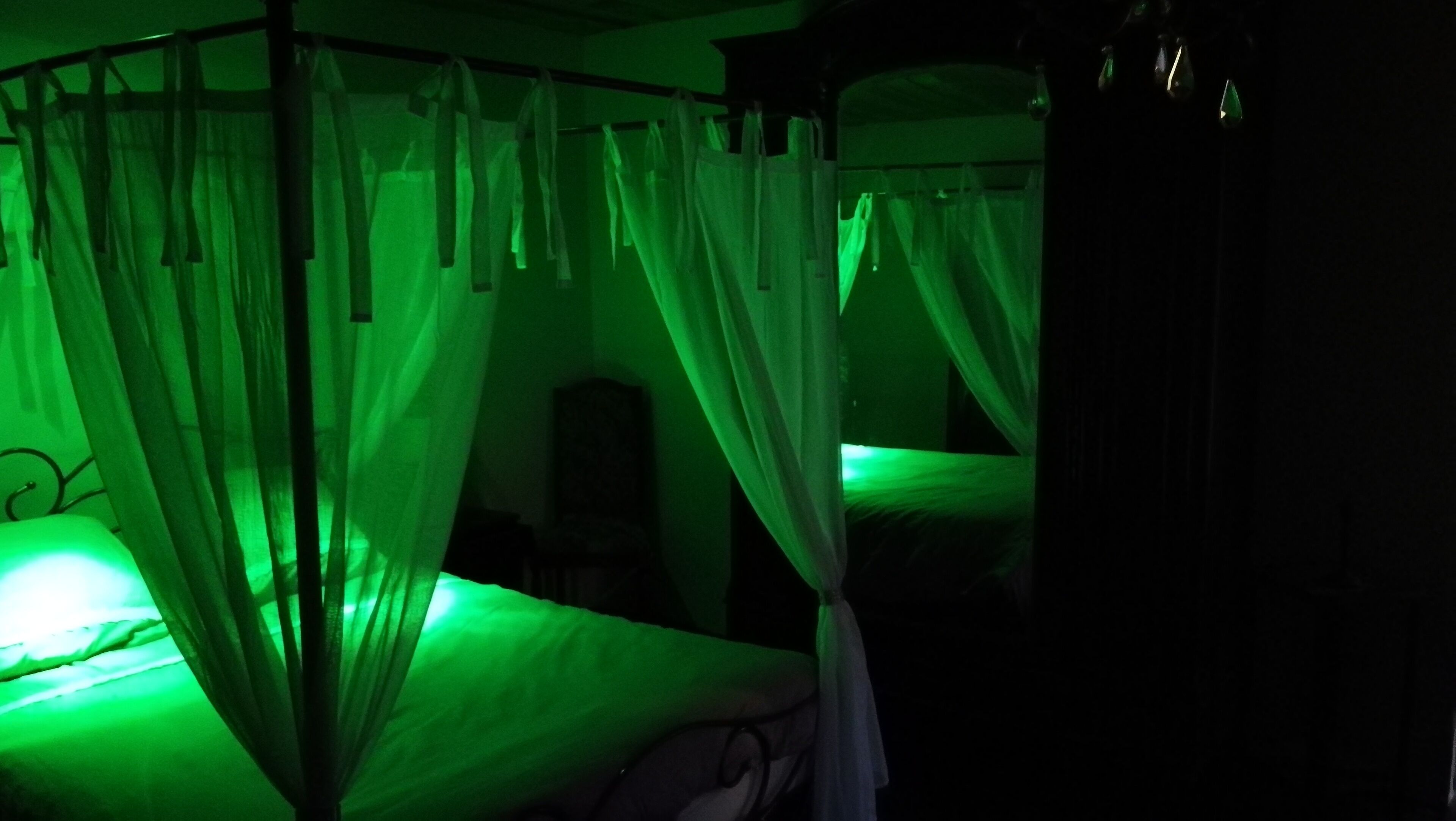 A room with a canopy bed and a separate bed with a headboard.