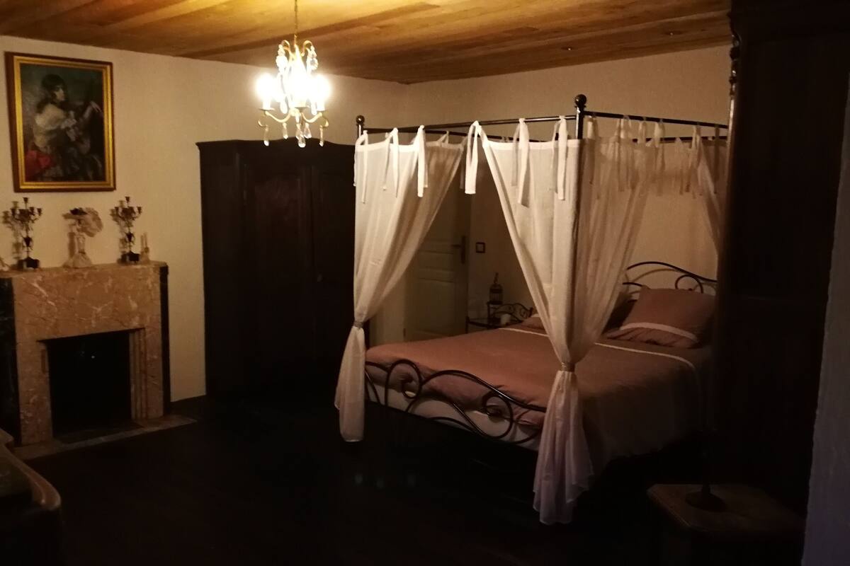 Un dormitorio con cama con dosel, chimenea y araña.