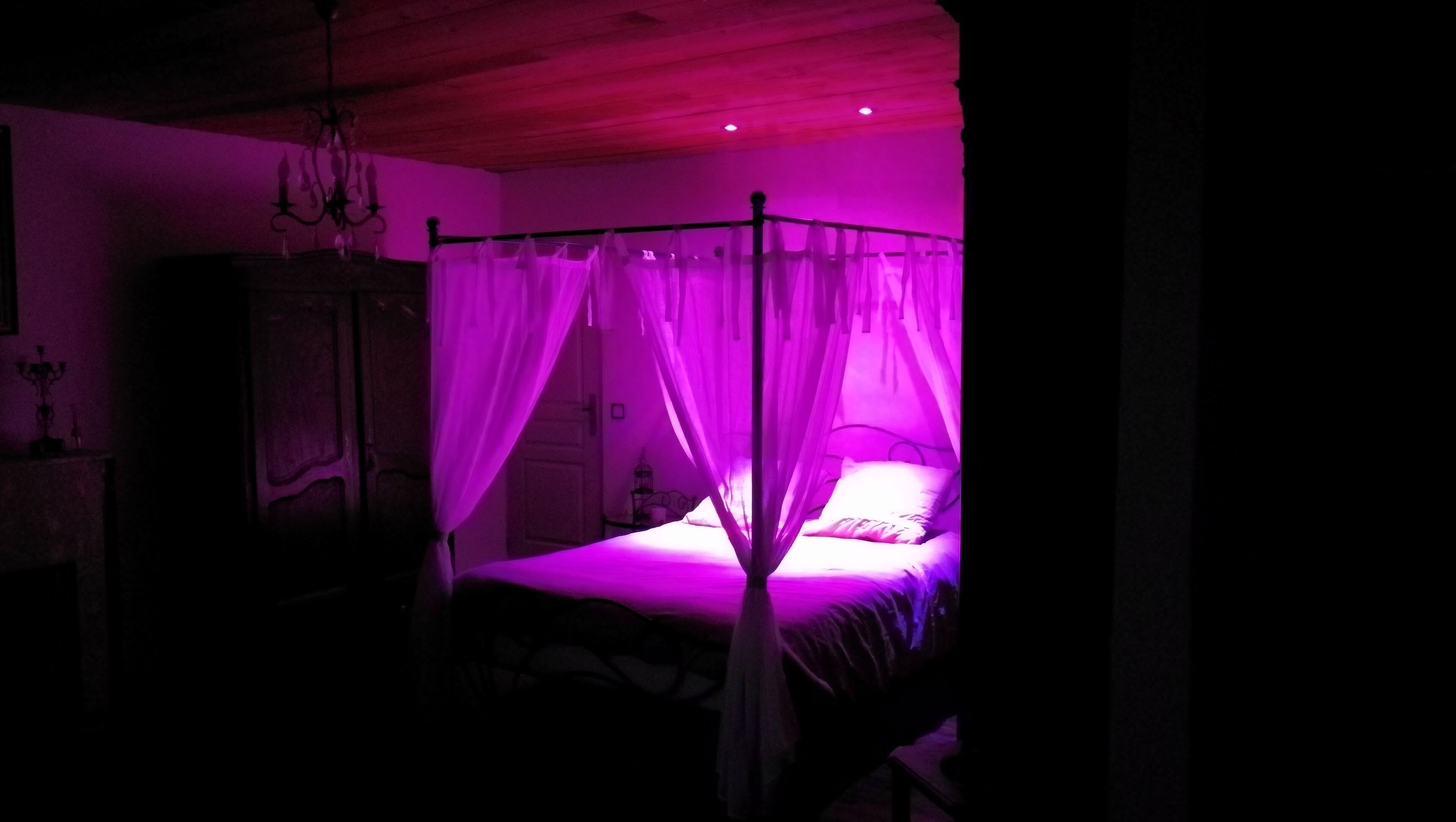Una habitación con cama con dosel, un armario y una araña.