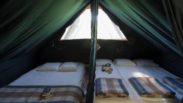 Une tente équipée de deux lits, chacun avec un oreiller et une couverture.