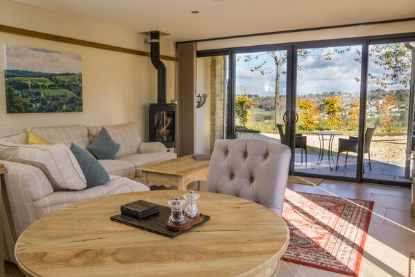 50-inch flat-screen TV with digital channels, TV, fireplace