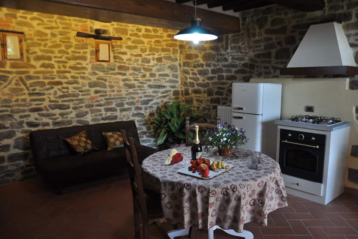 Una pared de piedra rústica, un sofá de madera, una mesa de comedor con mantel estampado, una planta en maceta y una zona de cocina con estufa y horno.