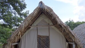 Una cabaña con techo de paja, una sola puerta, un pequeño porche y una silla de madera.