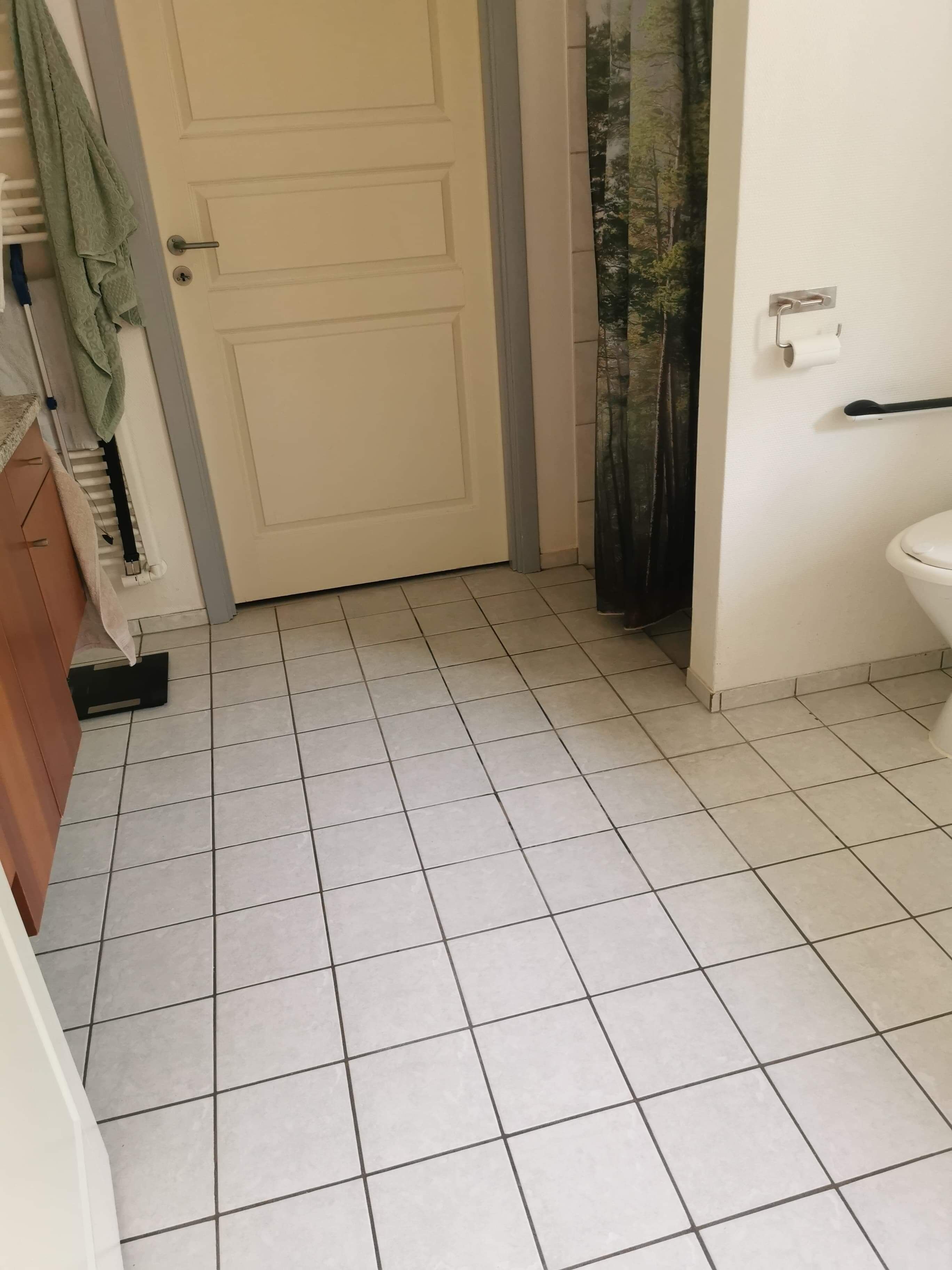 Un baño con una puerta blanca, un inodoro y suelo de baldosas.