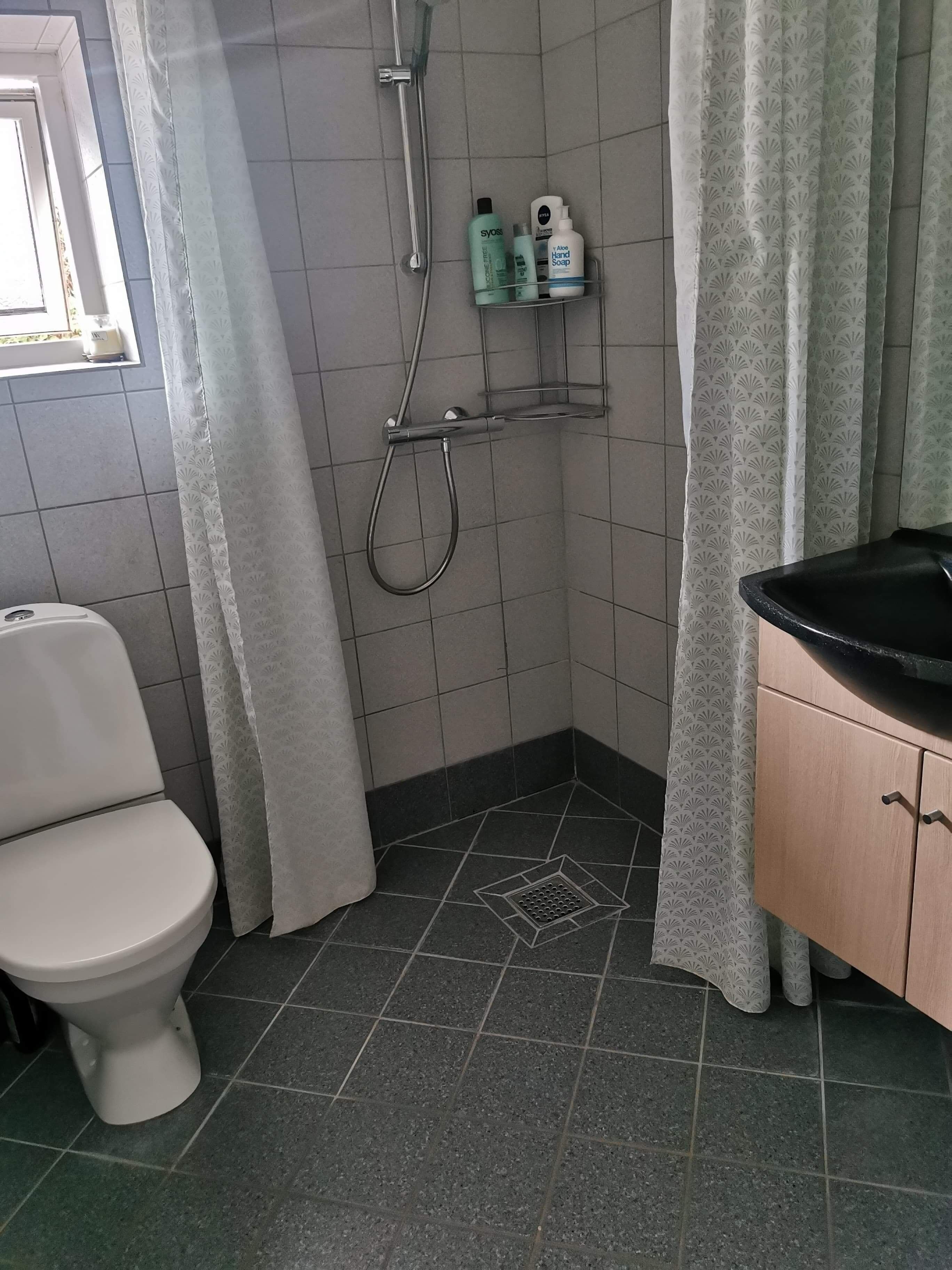 Un baño con inodoro, ducha y lavamanos.