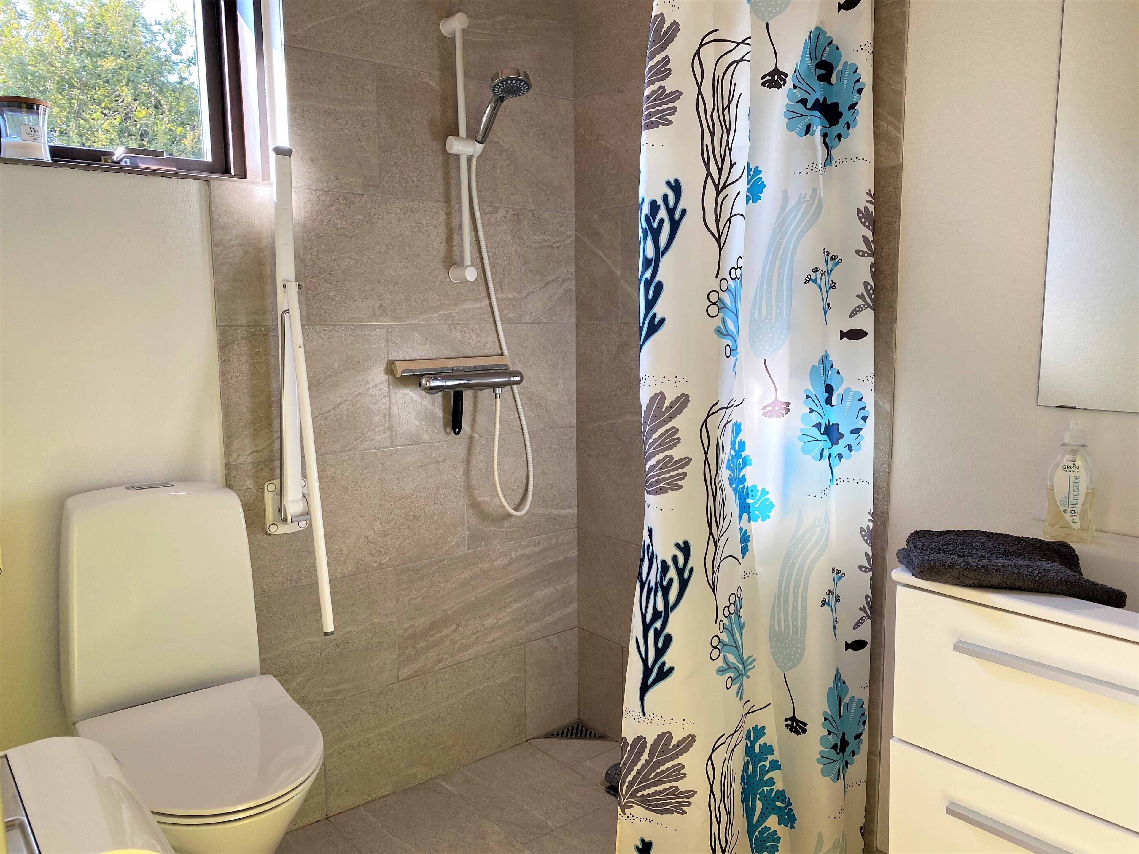 A bathroom with a shower, toilet, and a sink with a mirror.